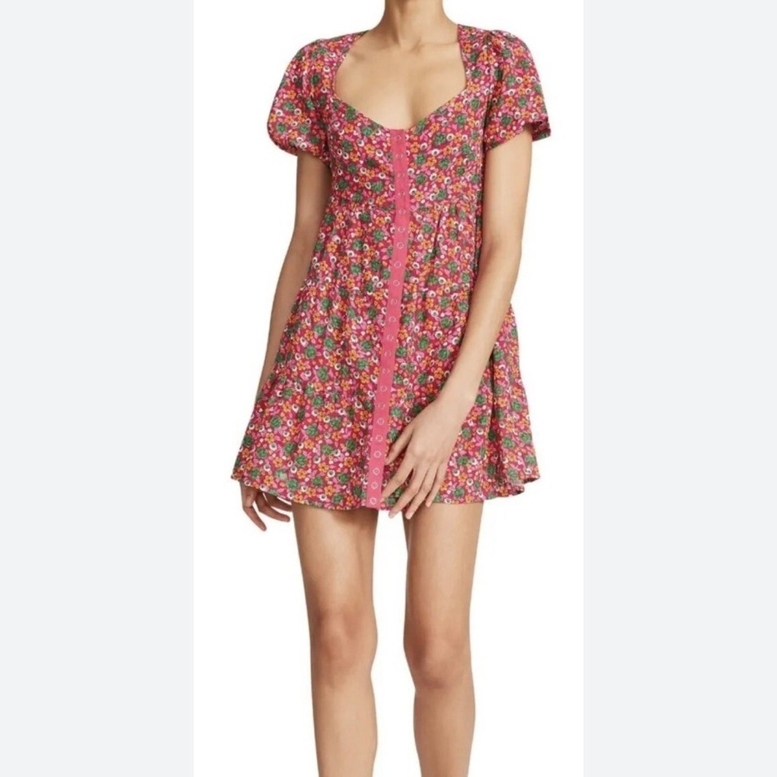 Betsey Johnson Nwt Size Medium Floral Pink Orange Ruffled Eyelet Trim Mini Dress